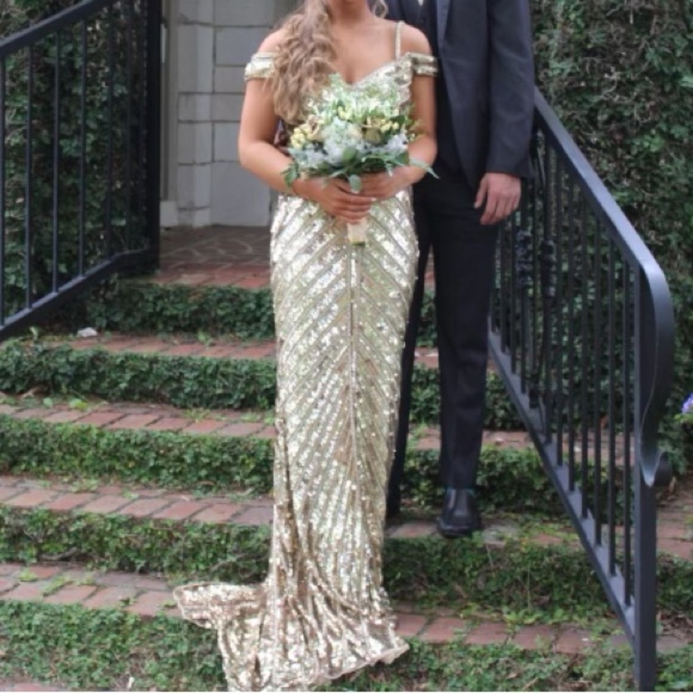 SHERRI HILL GOLD SEQUIN DRESS - Picture 7 of 9